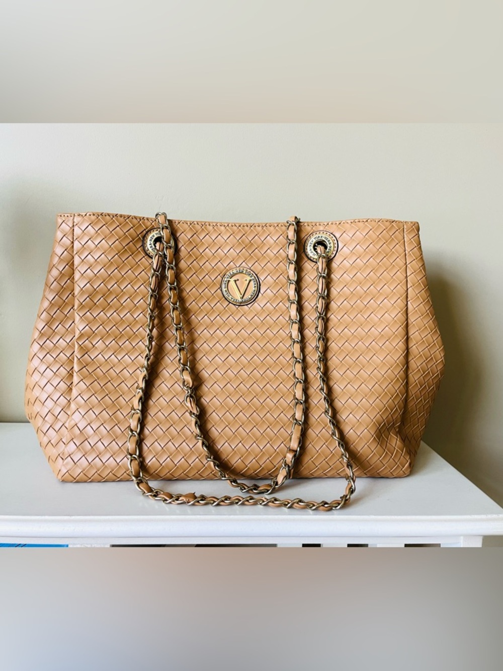 Woven Leather Tote Bag in Tan with Chain Straps